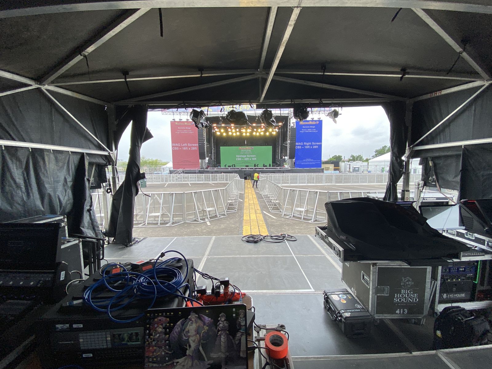 Front-of-house view of a festival stage during LED commissioning